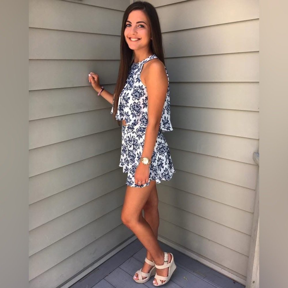 Floral Print Two-Piece Set in Blue and White